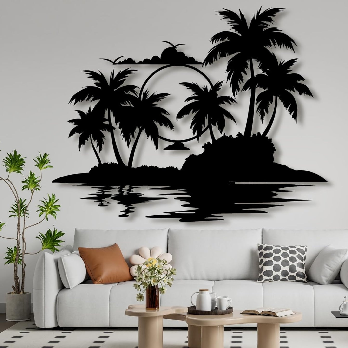 Lunwall Palm Tree Metal Wall Art, Tropical Palm Tree Wall Decor, 30 L" x 23 W" / 76 x 60 cm, Wall Mount, Indoor and Outdoor, Black