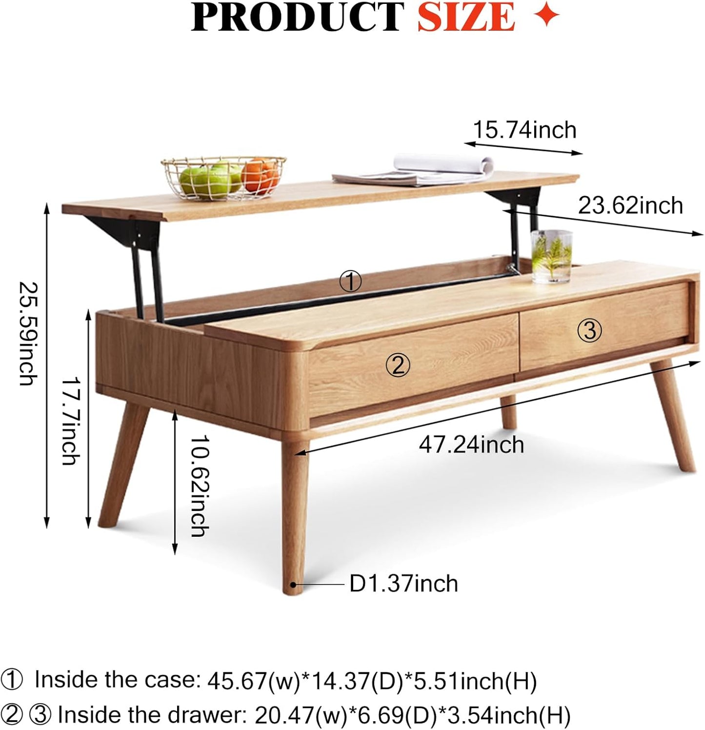 100% Solid Wood Lift Top Coffee Table for Living Room, Mid Century Modern Tables with Drawers and Large Storage, Oak Coffee Tables for Small Spaces (Oak Wood Log, 47.24" W x 23.62" D x 25.59" H)