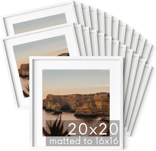 HAUS AND HUES 20x20 White Metal Picture Frames Matted to 16x16 - Features Premium Aluminum & Hanging Hardware, Shatterproof Plexiglass - Ideal for Home, Room, Office (20x20 in, White, Set of 25)