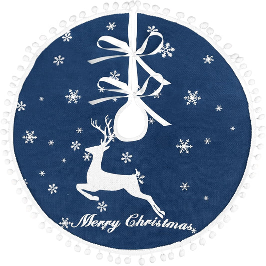 36 Inch Christmas Tree Skirt, Burlap Blue Christmas Rustic Tree Skirt with Elk Deer and White Snowflake Printed for Holiday Party Xmas Tree Decoration