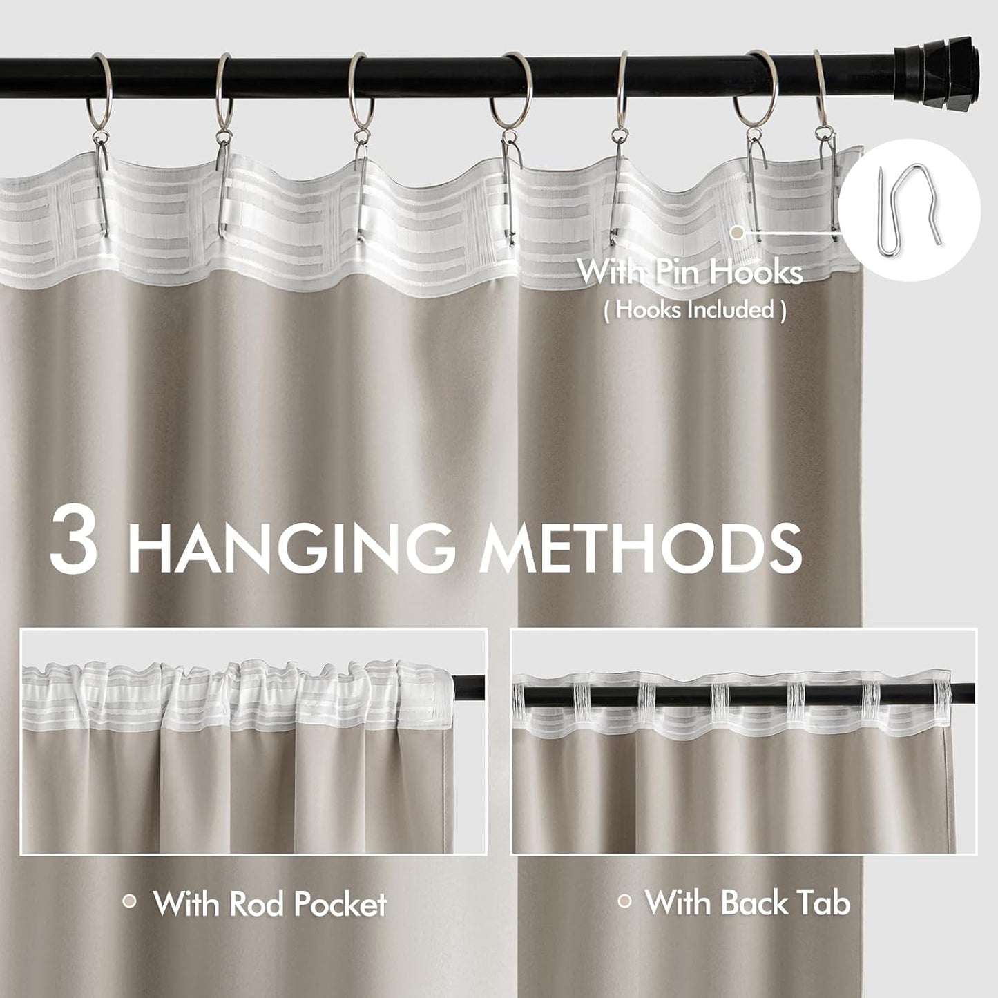 MIULEE Natural Back Tab Blackout Curtains 63 Inch Length 2 Panels Set for Living Room Bedroom Privacy, Rod Pocket/Pinch Pleat Thermal Insulated Room Darkening Pleated Light Blocking Drapes