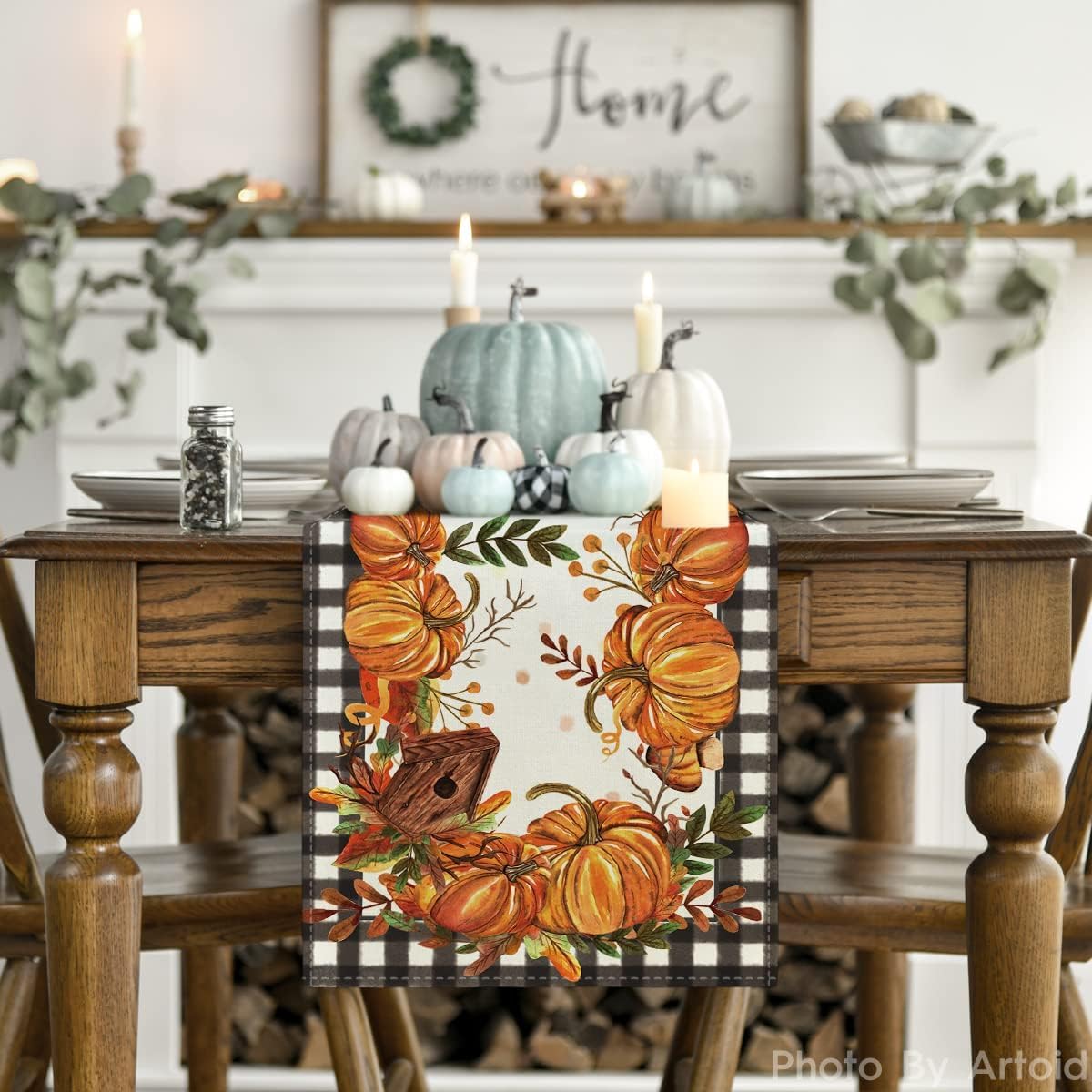 Artoid Mode Buffalo Plaid Pumpkins Mushrooms Birdhouse Leaves Table Runner, Seasonal Fall Harvest Vintage Kitchen Dining Table Decoration for Indoor Outdoor Home Party Decor 13 x 72 Inch
