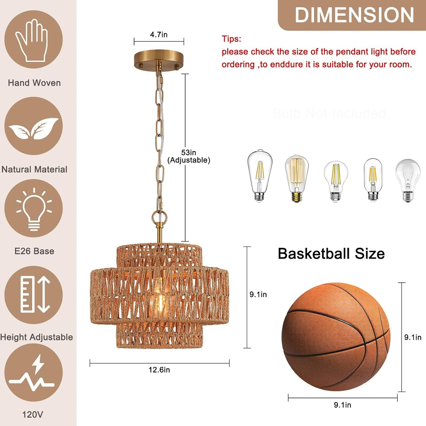 12.6" Hand-Woven Rattan Pendant Light Fixture Vintage Farmhouse Boho Bamboo Pendant Lighting Mini Drum Wicker Rattan Golden Chandelier for Kitchen Island, Bedroom, Dining Room, Entryway, Foyer