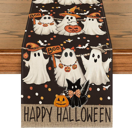 Artoid Mode Ghost Jack-O'-Lantern Black Cat Halloween Table Runner,Holiday Kitchen Dining Table Decoration for Home Party Decor 13 x 90 Inch