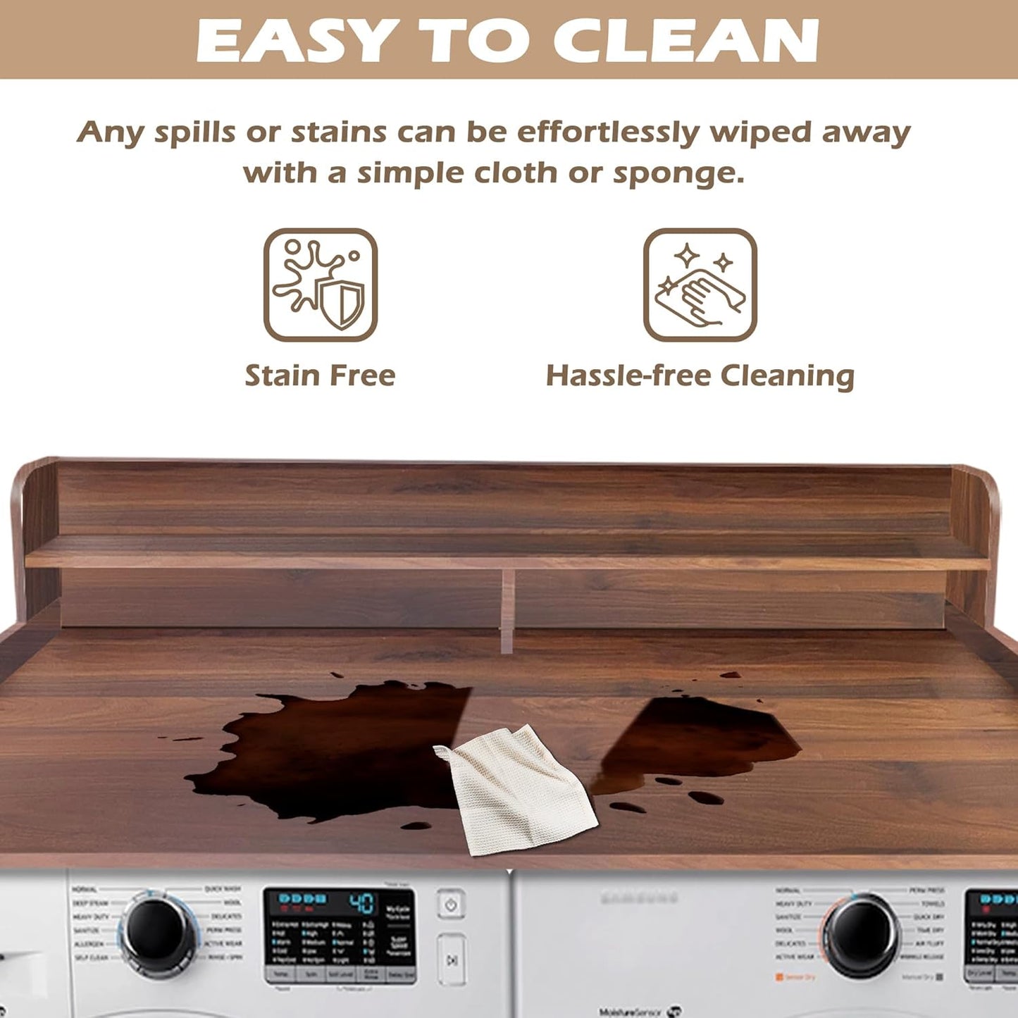Royxen Laundry Countertop with 2-Tier Shelf Universal Fit, Washer and Dryer Countertop with Storage Space, Shelf Height 11.5 Inches, Walnut Color