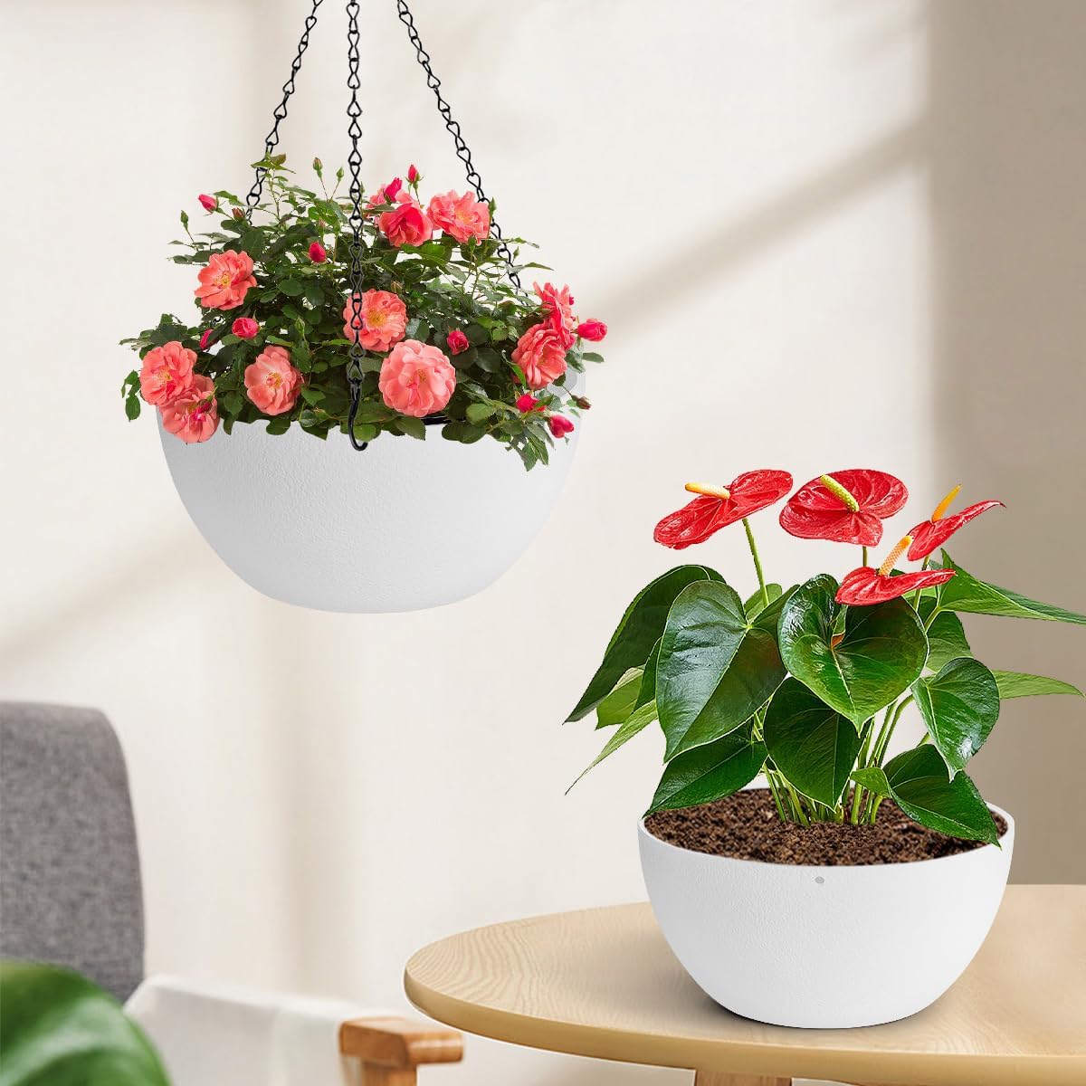 12 inch Hanging Planters for Indoor Plants, 2 Pack Planters for Outdoor Plants with Drainage Holes and Chain, Round Plastic Hanging Baskets, Hanging Flower Pots for Balcony Garden Decor-White