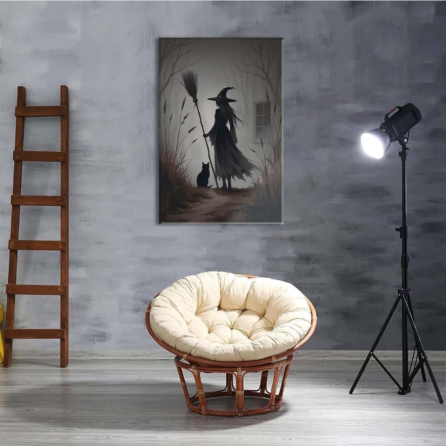Vintage forest witch and black cat poster Halloween mural poster decoration mural art magic suitable for home living room bedroom20x30in Wood Framed