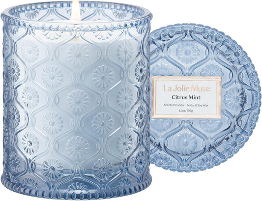 LA JOLIE MUSE Citrus Mint Candle – Yuzu, Mint & Tonka | 6 oz Natural Soy Wax | 40 Hours Clean Burn | Gift-Ready for Hosts | Fresh Citrus Candle | Elegant Home Décor