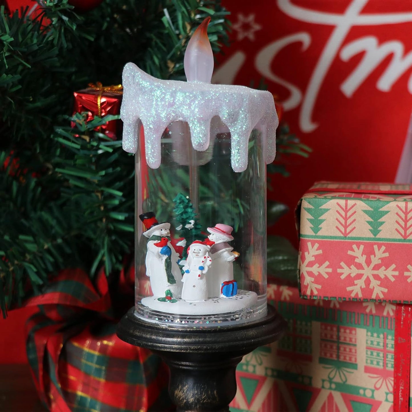 Eldnacele Christmas Snow Globe Candle Battery Operated Lighted Flameless Candles Light Swirling Water Glittering Spinning Candles for Home Decoration(Snowmen Family)