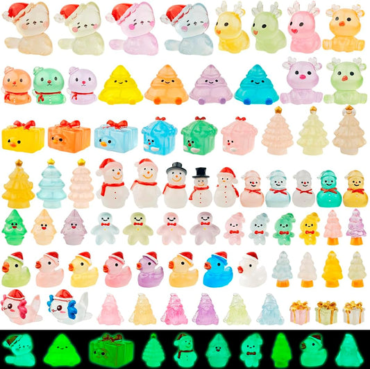 75 Pcs Miniature Christmas Figurines - Luminous Mini Resin Figures to Hide, Glow in The Dark Resin Animals for Micro Landscape Aquarium Fairy Garden Dollhouse Decor
