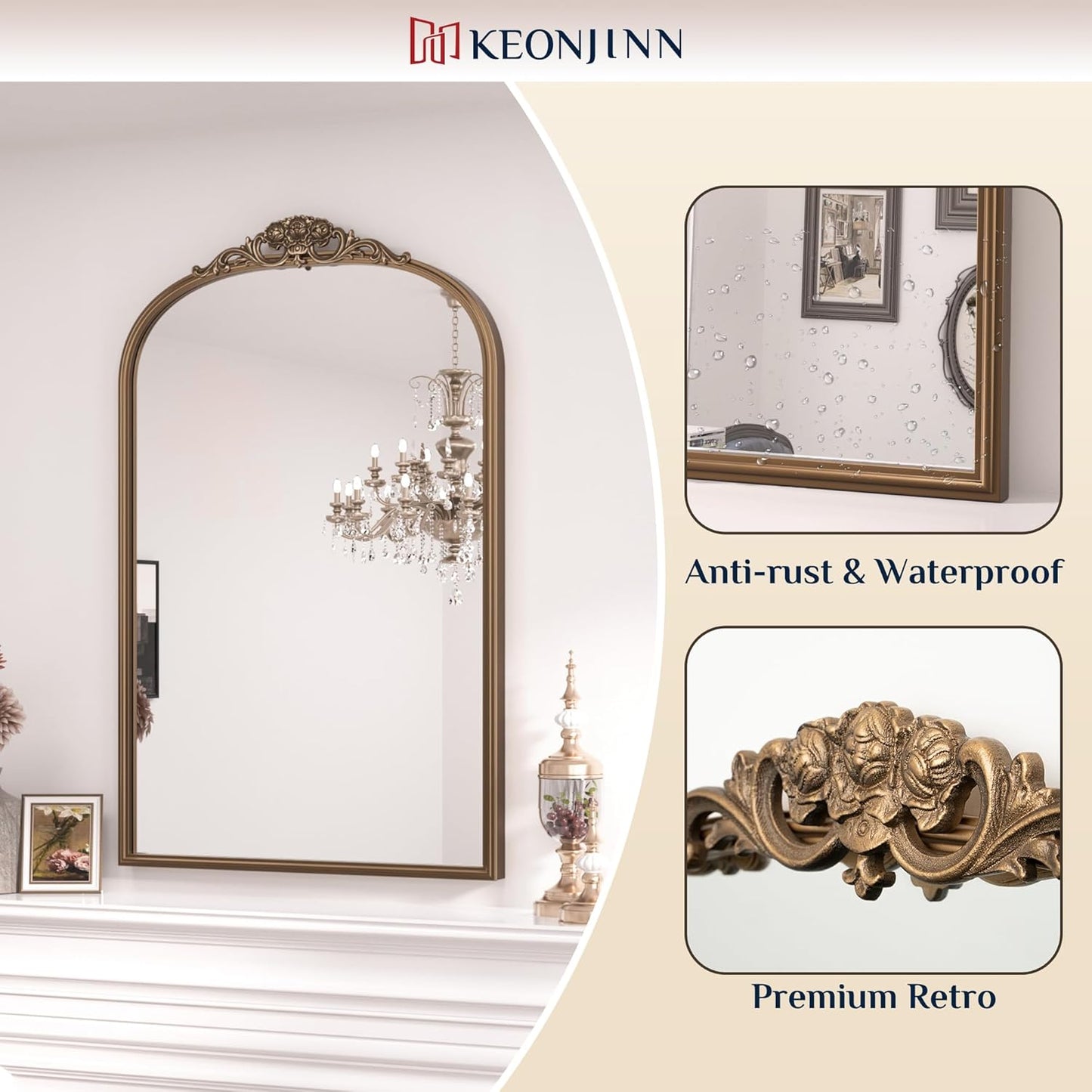 Keonjinn Brass Vintage Arched Mirror for Wall, 24" x 30" Antique Gold Mirrors with Metal Frame, Baroque Style Decoration for Mantle, Bathroom, Living Room, Fireplace, Bedroom, French Cleat Mounting