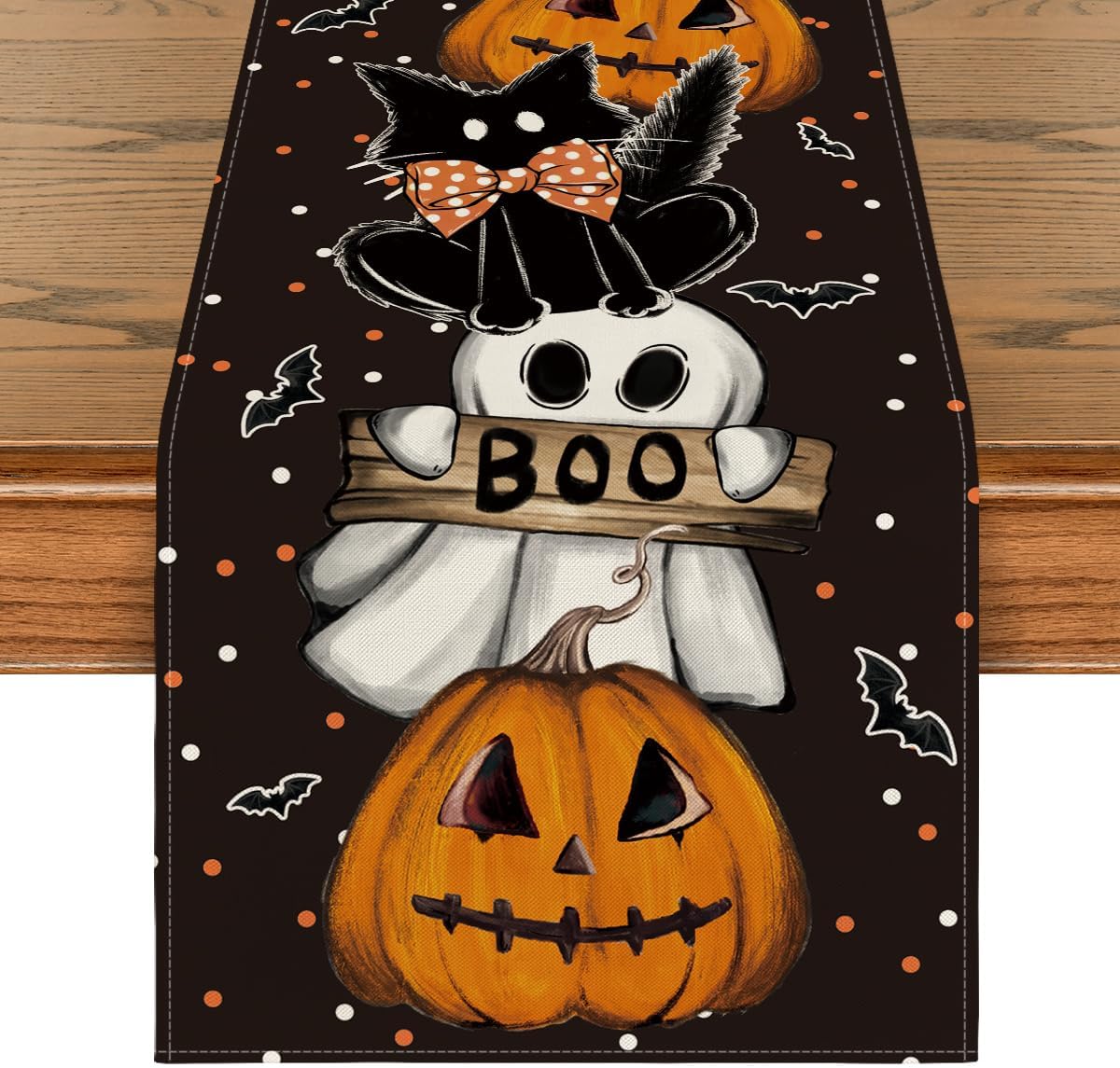 Artoid Mode Polka Dot Ghost Pumpkin Cat Boo Halloween Table Runner, Bat Seasonal Fall Kitchen Dining Table Decoration for Home Party Decor 13x108 Inch