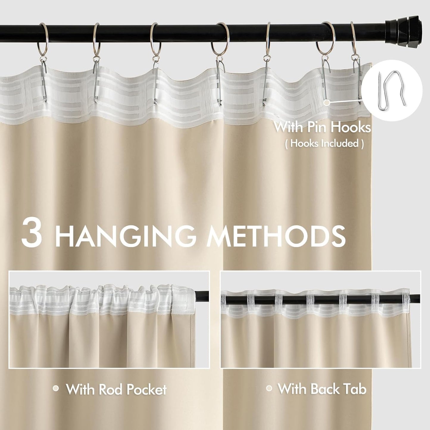 MIULEE Cream Beige Back Tab Light Blocking Curtains 80 Inch Length 2 Panels Set for Living Room Bedroom Privacy, Rod Pocket/Pinch Pleat Thermal Insulated Room Darkening Pleated Blackout Drapes