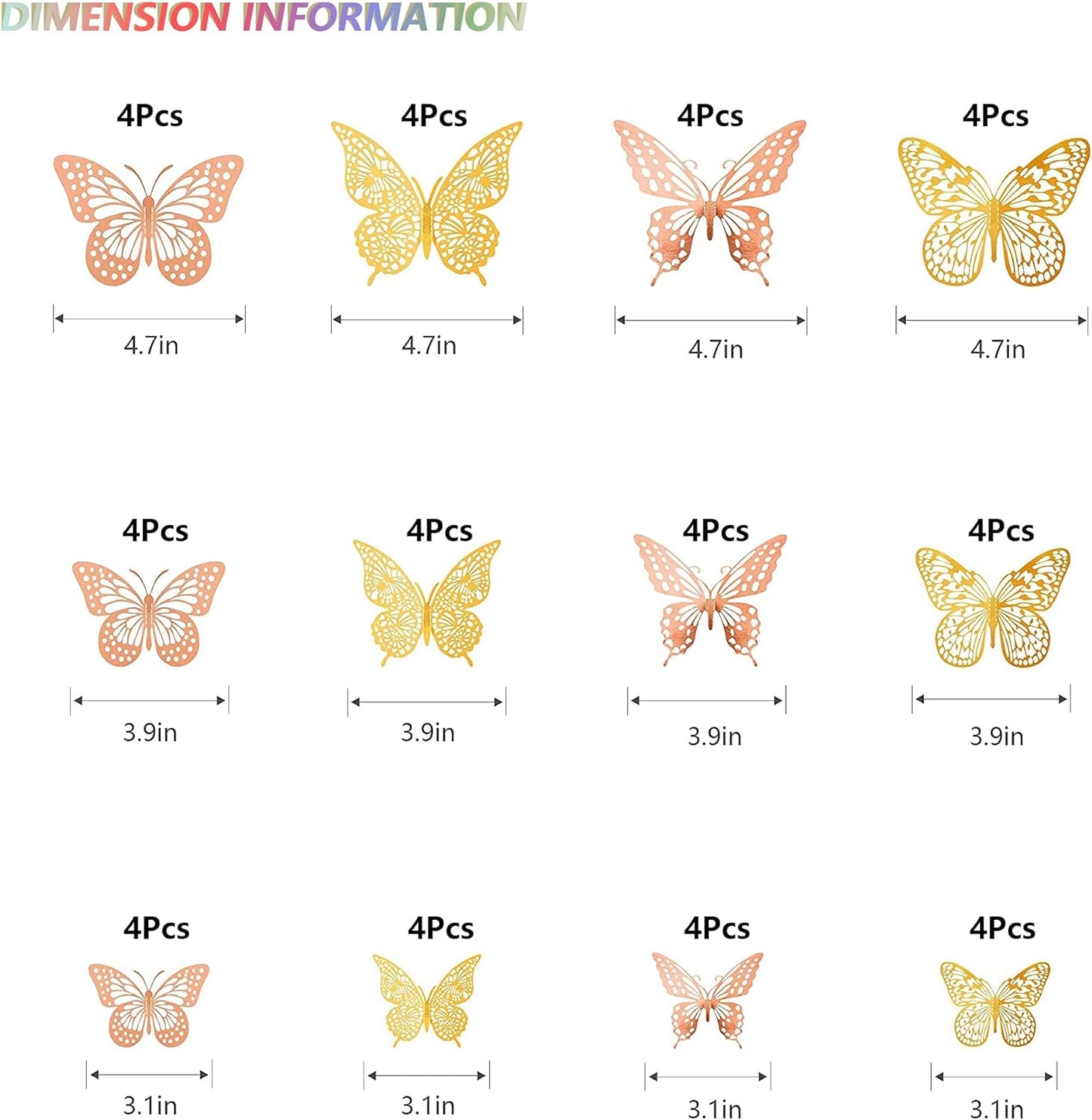 SAOROPEB 3D Butterfly Wall Decor, 48 Pcs 4 Styles 2 Color 3 Sizes, Removable Metallic Wall Sticker Room Mural Decals for Kids Bedroom Nursery Classroom Party Decoration (2 Color)