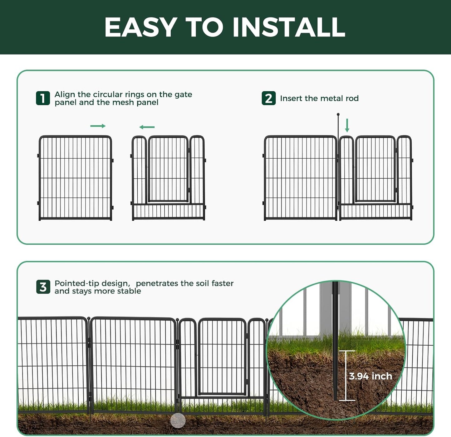 FXW Garden Fence Outdoor for The Yard – 24in(H) x 59.3ft(L) Heavy Duty Metal Animal Barrier for Dog and Rabbit, Decorative Dog Fence, 32 Panels, Black