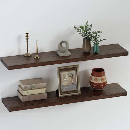 SAUMONIERES Floating Shelves 8 Inch Deep Solid Wood Wide Wall Shelf Set of 2 Wall Mounted for Bedroom Bathroom Living Room Kitchen, 36 Inch Walnut