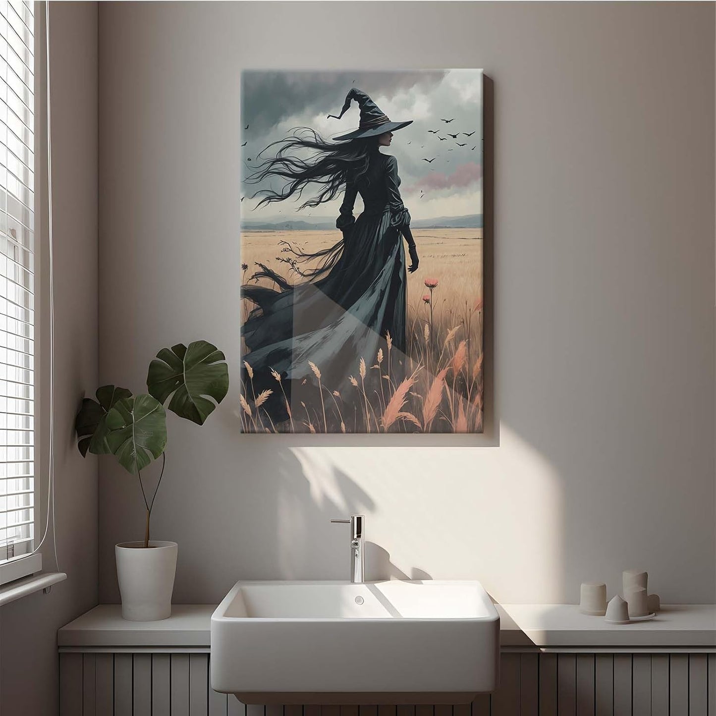 Gothic Decor Canvas Wall Art Witch in Rice Field Halloween Art Decor Print Nature Print Victorian Home Bedroom24x36in Wood Framed