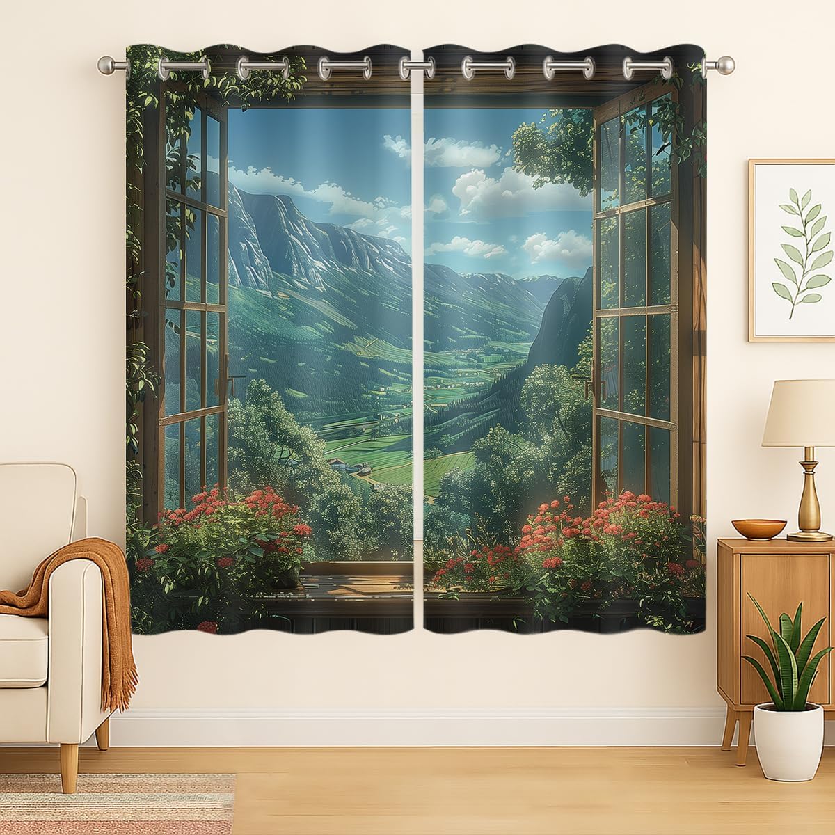 Mountain Blackout Curtains for Girls Boys Teens Home Decor, Spring Sky View Nature Forest Flower Grommet Thermal Insulated Drapes Darkening Window Curtain for Bedroom Living Room, 42 x 63 Inch