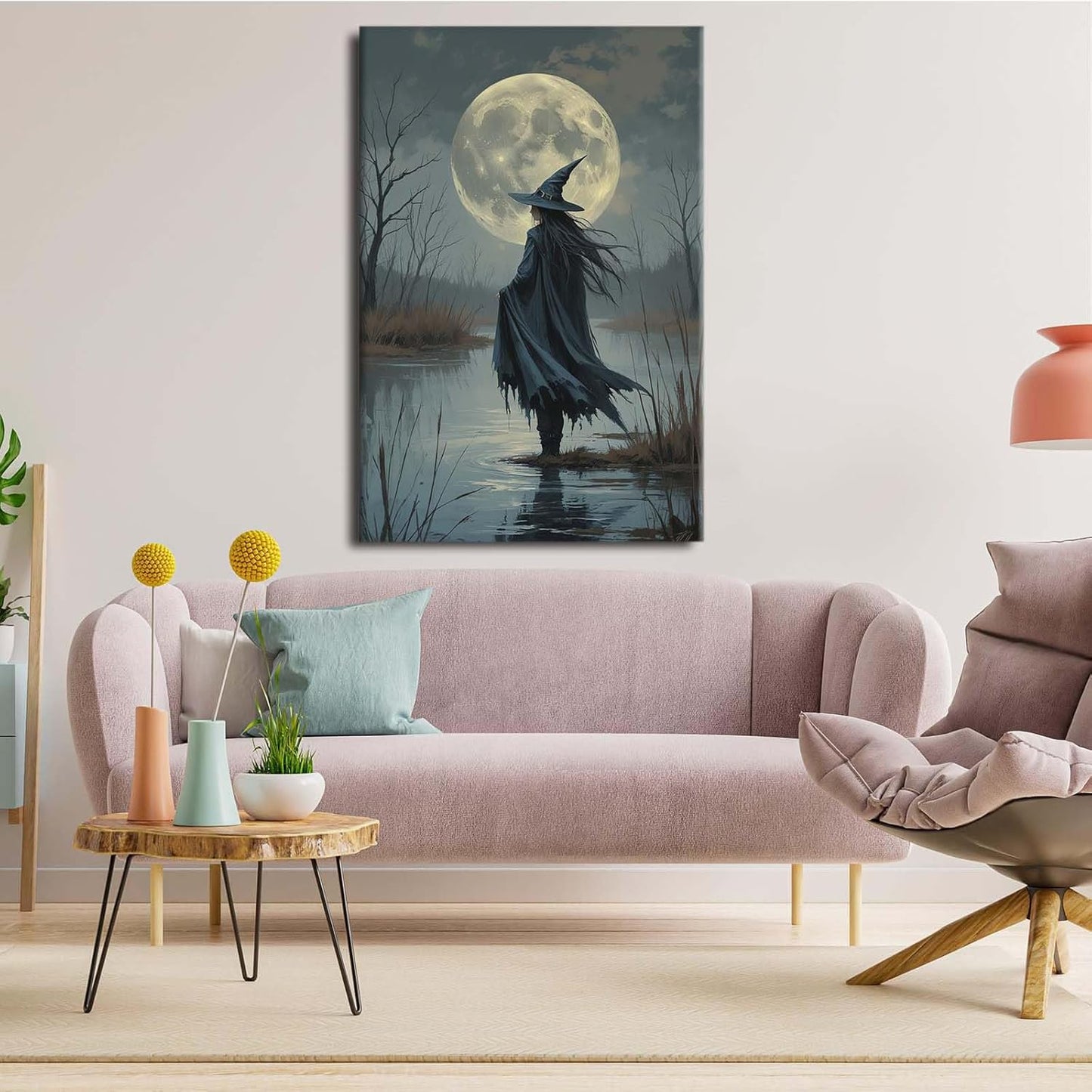JFHCQJPK Witch in the moonlight magic canvas wall art enchanting Halloween home decor swamp witch silhouette oil painting mysterious gothic aesthetic wall decor print poster16x24in Frameless