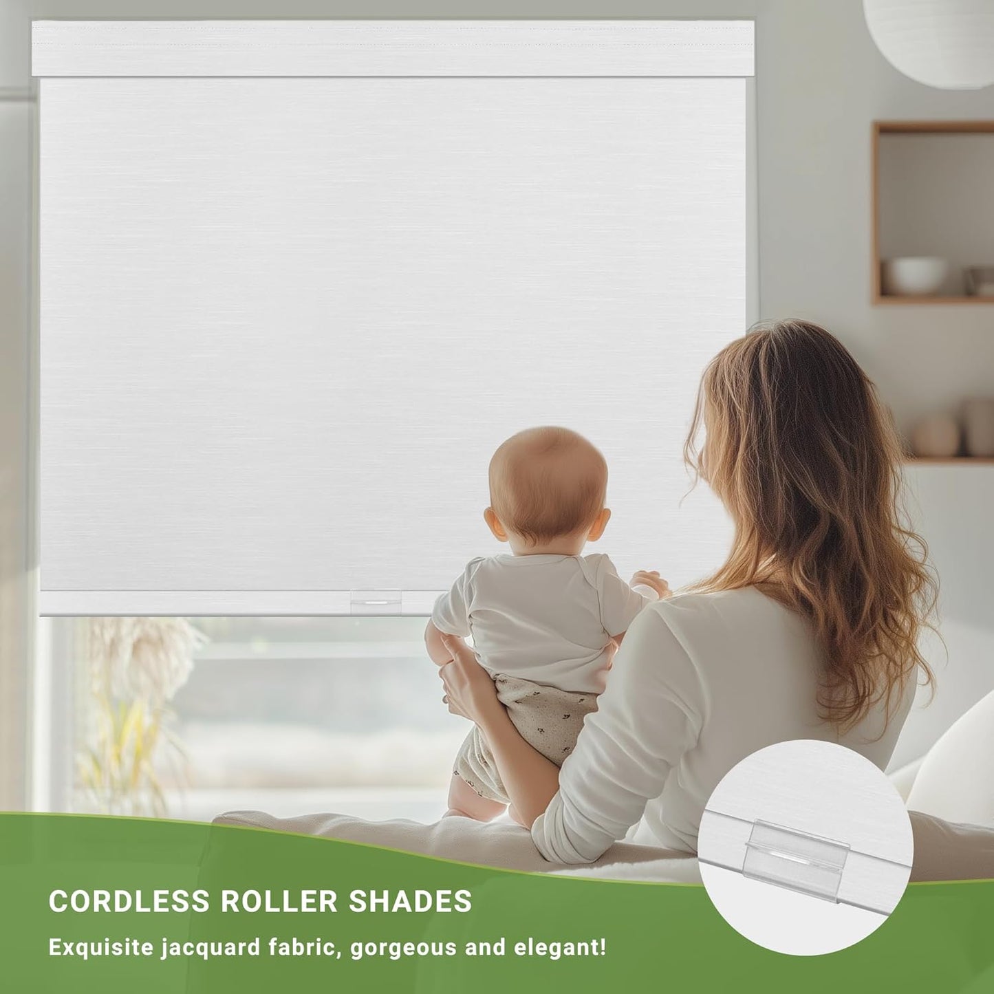 Blackout Roller Shades for Indoor Windows, Cordless Jacquard Fabric-Matched Roller Blinds, Easy to Install Privacy UV Protection Roll Up Blinds for Home Office, Pure White, 29" W x 72" H