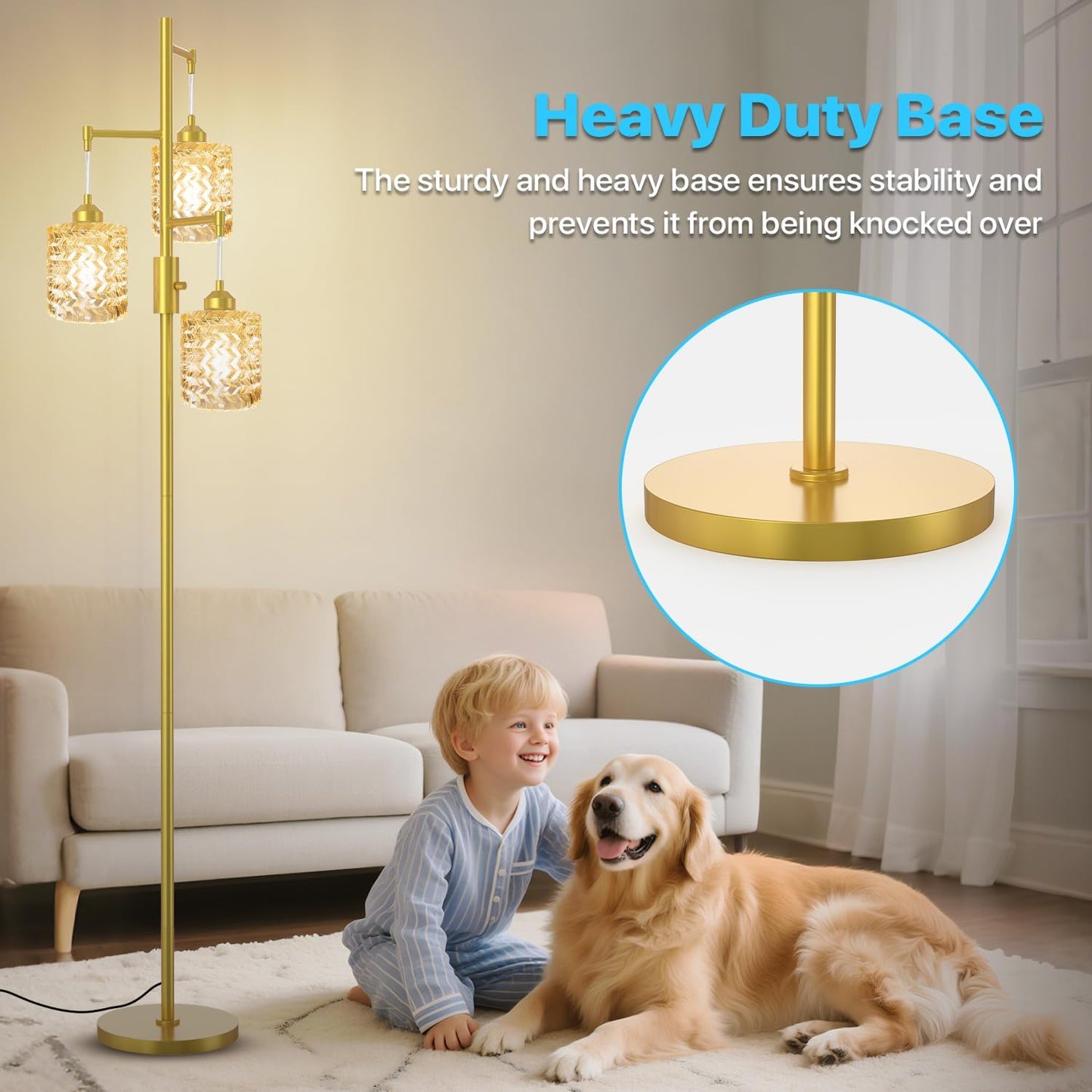 Gold Floor Lamp for Living Room Bedroom, 3-Light Vintage Standing Lamp Stained Glass, Mid Century Modern Tall Floor Lights, Amber Glass Shade with Golden Base