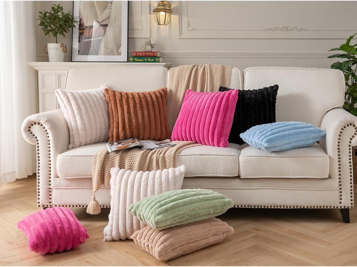 DEELAND Pack of 2,Double-Sided Faux Fur Plush Decorative Throw Pillow Covers Fuzzy Striped Soft Pillowcase Cushion Covers for Sofa Couch Bedroom Brown 22x22 inch
