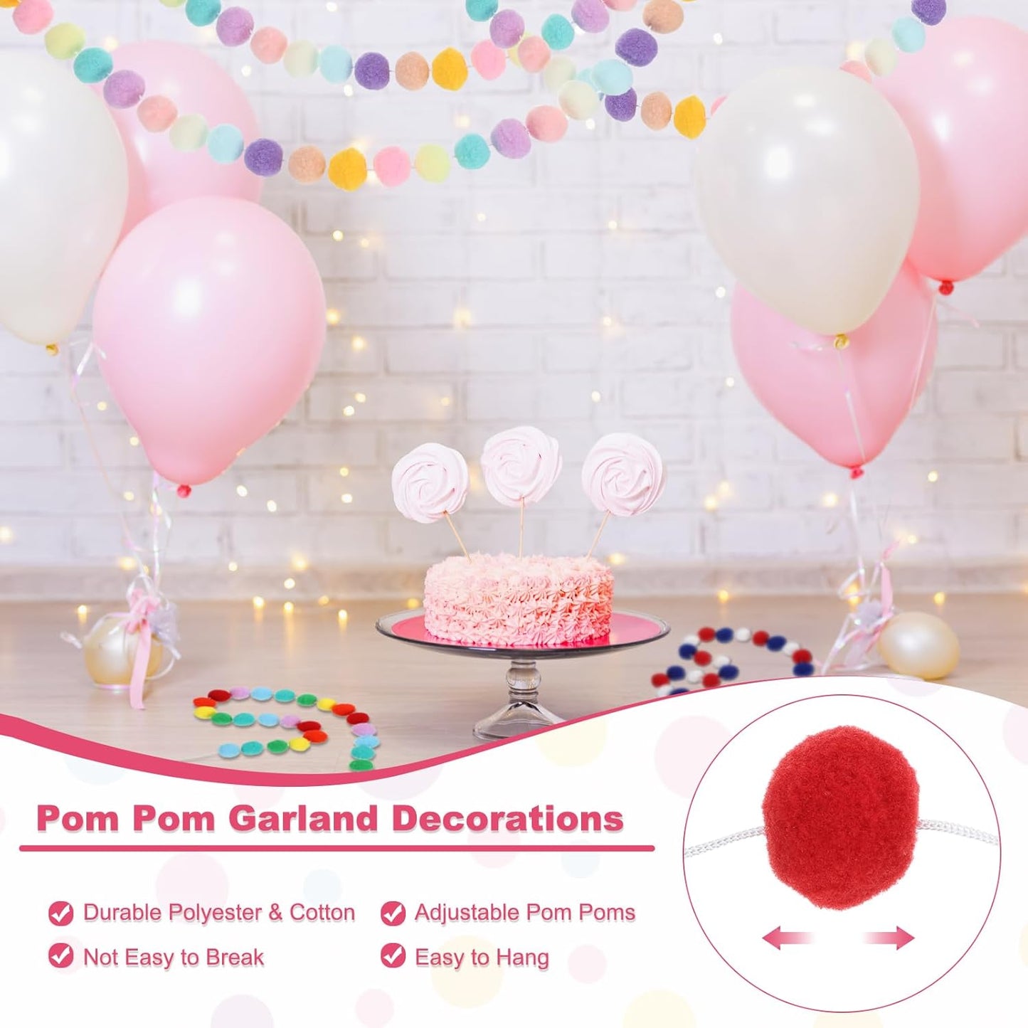 PATIKIL 13Ft Pom Pom Garland Decorations, 2Pcs Colorful Felt Ball Garland Banner Cute Rainbow Pompom Hanging Decorations for Tree Ornaments Homes Decor, Red/Green/White