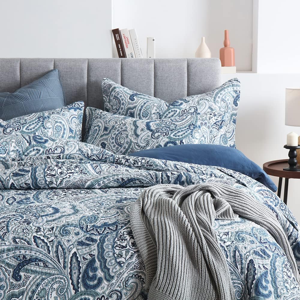 Autumn Dream Cotton Bedspread Quilt Sets, 3 Pieces Reversible Comforter Coverlet Sets,Blue Floral Paisley,Queen Size