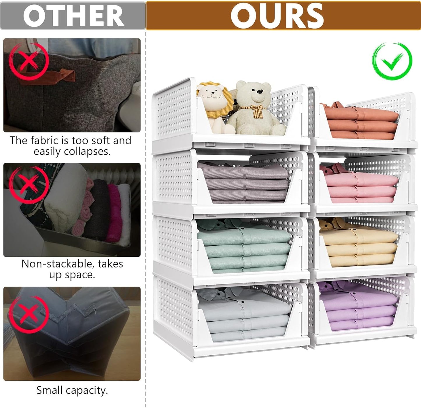 SNSLXH 5 Pack Stackable Closet Storage Basket, Multifunctional & Foldable Closet Organizer for Bathroom Kitchen Laundry Room Wardrobe Storage, Space-Saving Clothes Storage Drawer Organizer, White