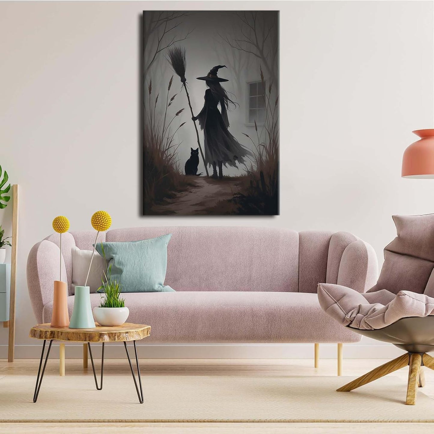 JFHCQJPK Vintage forest witch and black cat poster Halloween mural poster decoration mural art magic suitable for home living room bedroom16x24in Frameless