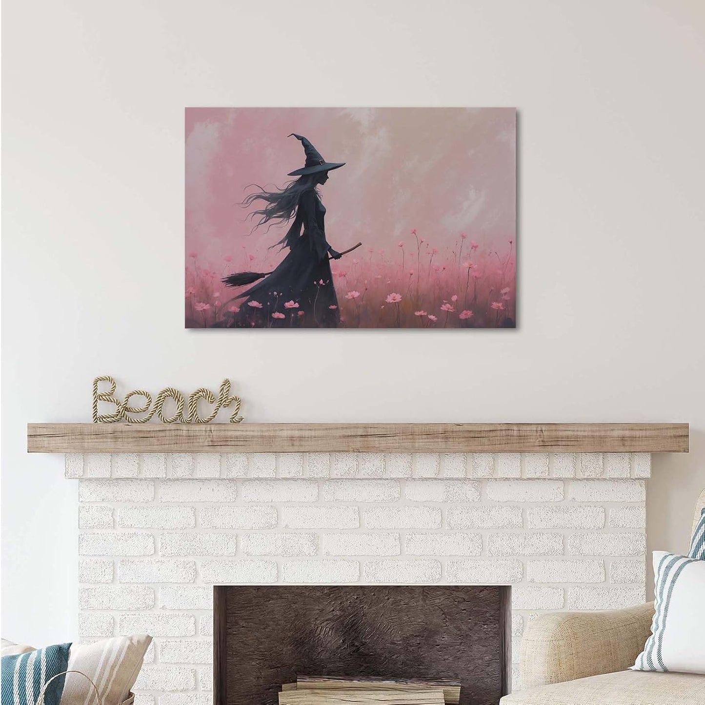 Witch in the pink sea of flowers Halloween prints weird flowers wall art silhouette painting fashionable romantic decoration suitable for bedroom8x12in Wood Framed