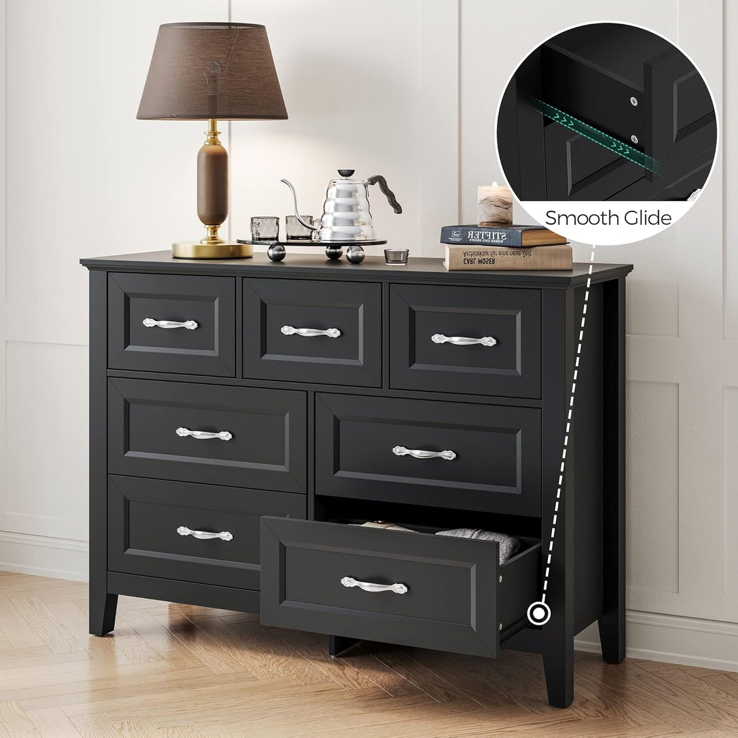 LINSY HOME Farmhouse 7 Drawers Dresser Chests for Bedroom, Wood Dresser Wide Chest of Drawers, Storage Dressers Organizer for Bedroom, Living Room,Hallway, SGS Certified