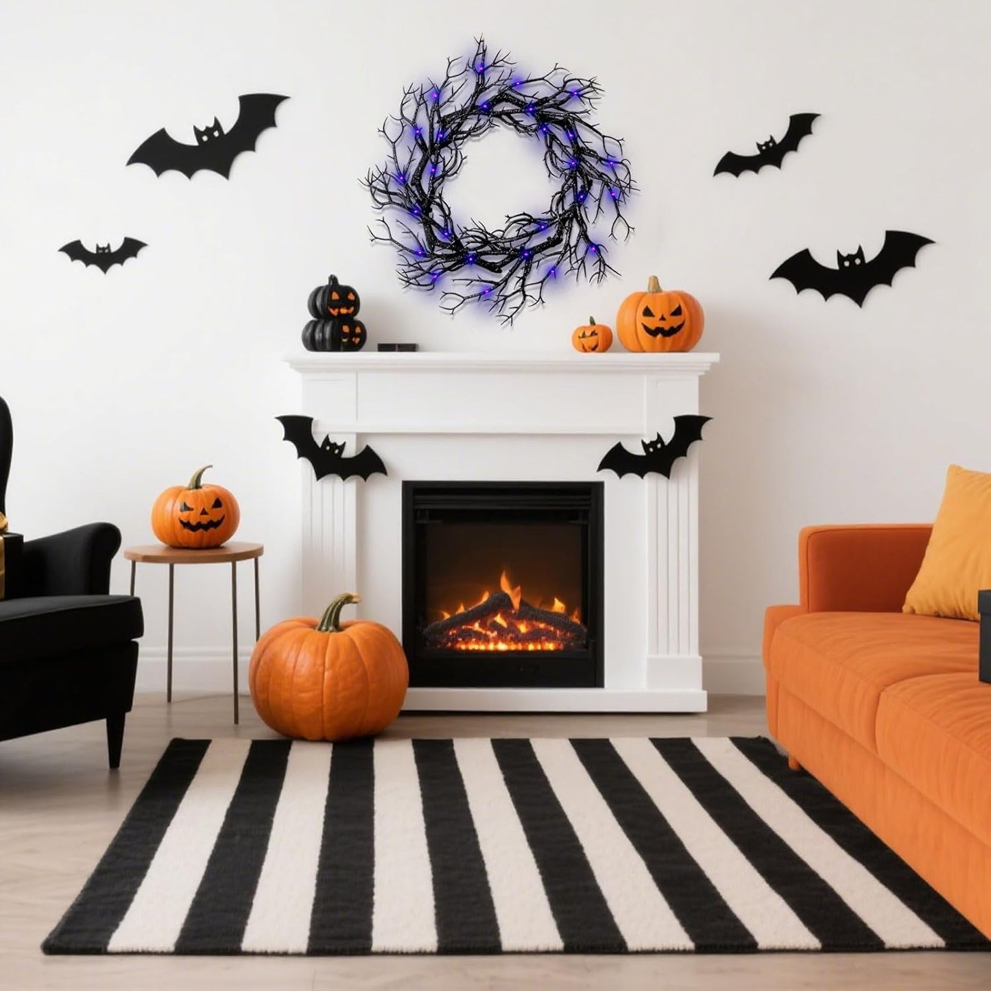 Halloween Black Branch Wreath, 20 Inch Glitter Black Twig Halloween Wreaths with Purple Lights for Front Door Indoor Outdoor Party Window Wall Decor Farmhouse Garland Yard
