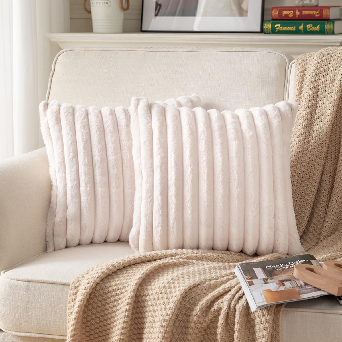 DEELAND Pack of 2,Double-Sided Faux Fur Plush Decorative Throw Pillow Covers Fuzzy Striped Soft Pillowcase Cushion Covers for Sofa Couch Bedroom Beige 24x24 inch
