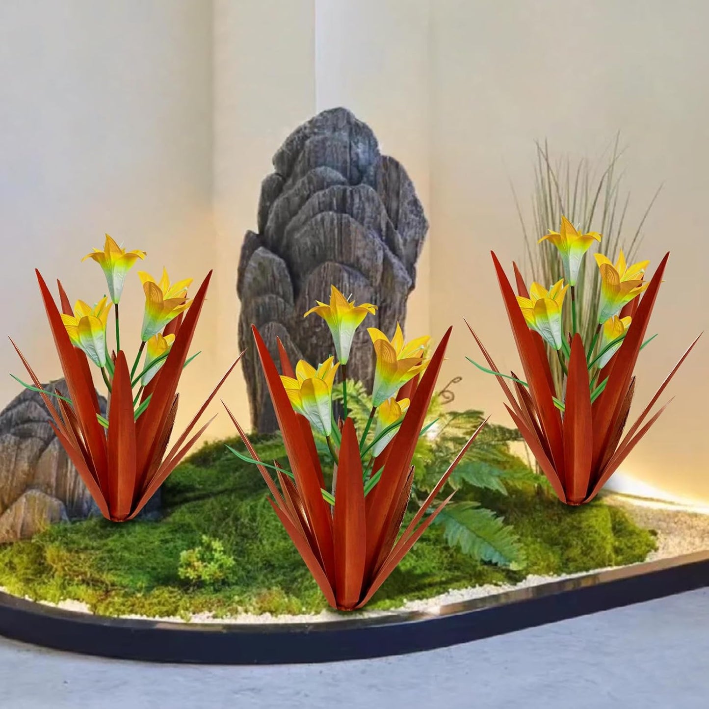 Homight Metal Agave Plant Outdoor Decoration, 3 Big Yellow Lilies, HM-390-345