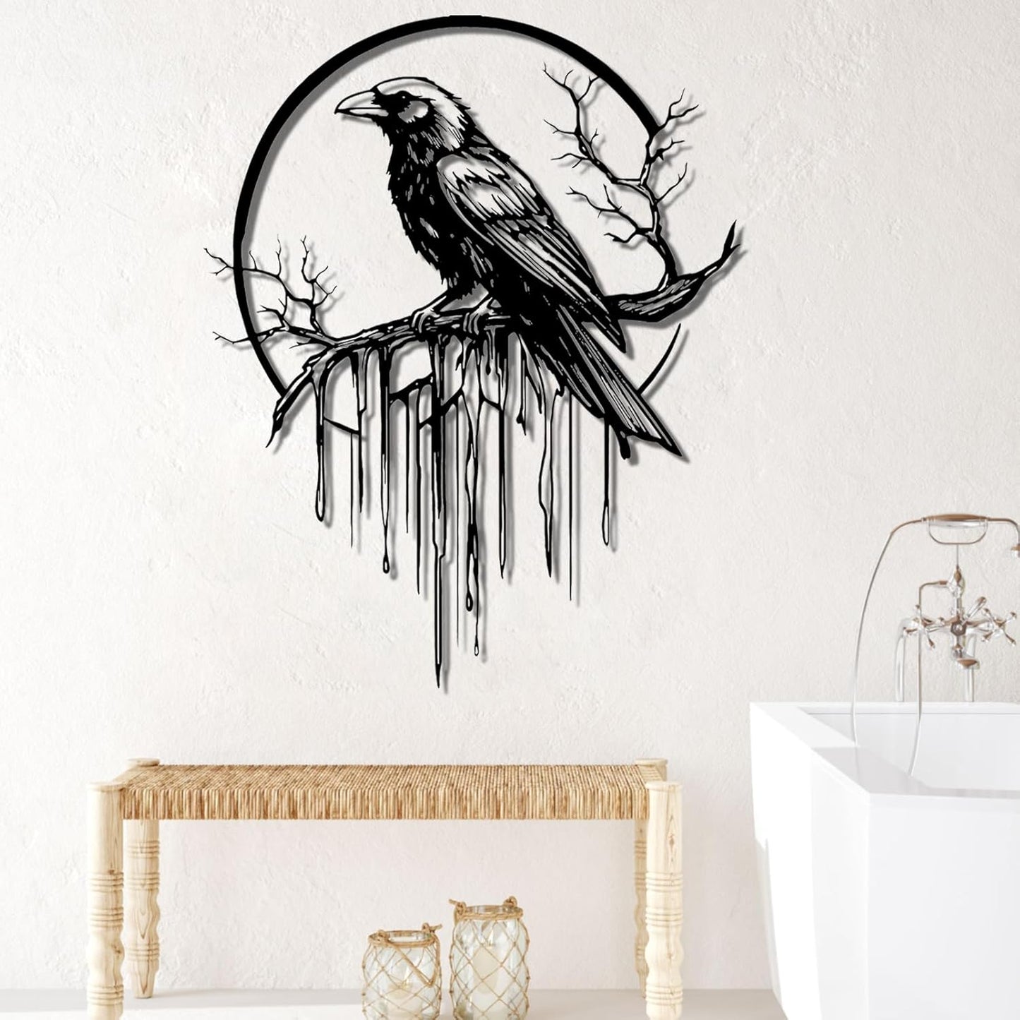 Crow Metal Wall Decor, Raven Wall Art, Large Gothic Raven Decor Hangings, Bird Wall Decor, Metal Tree Branch Decor, Ravens Sign, Raven Art for Living Room (White, 31"x25" | 80x64cm, metal wall art)