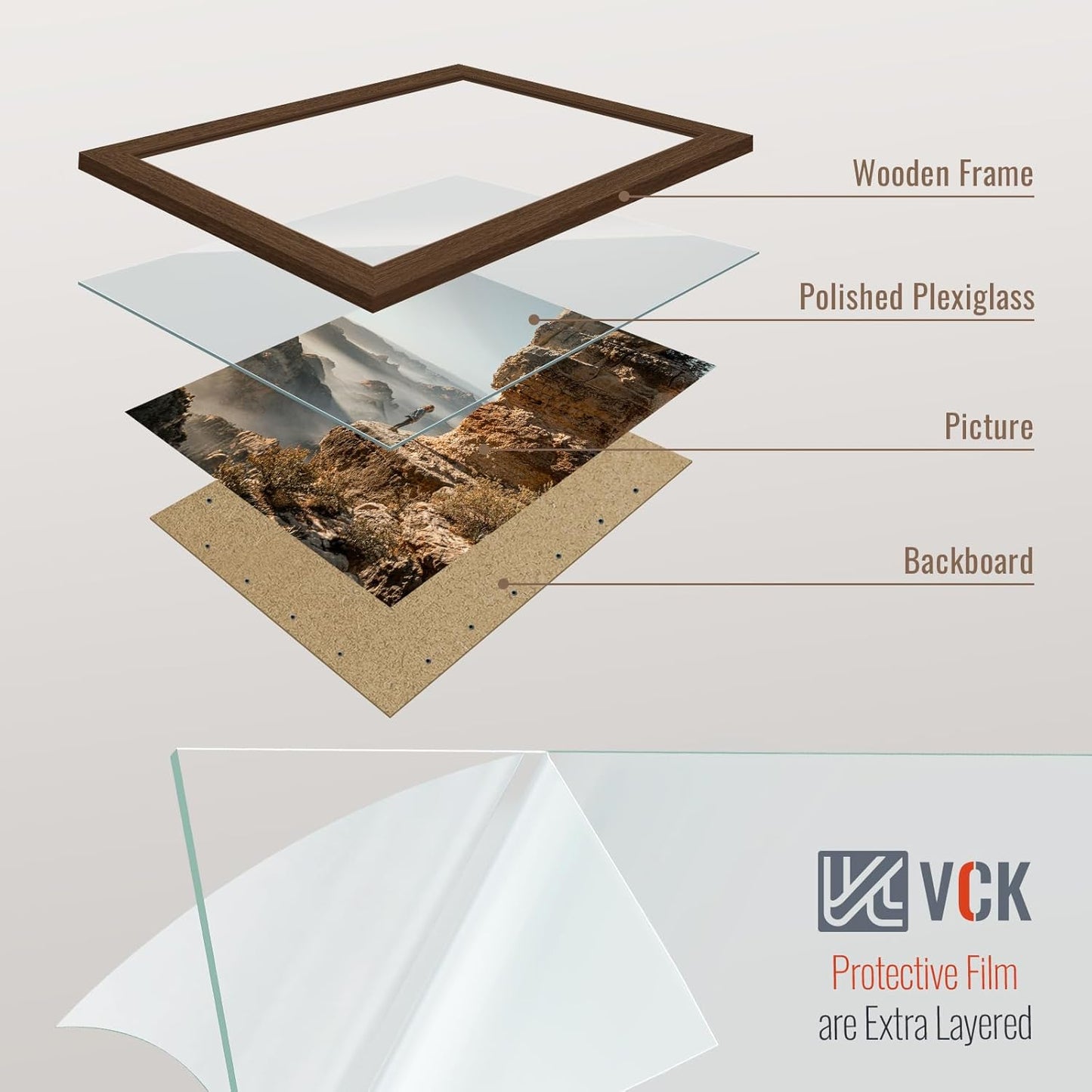 VCK 16x20 Picture Frames for Wall 3 Pack, Brown Wood Poster Frame with Exclusive Wood Grain, Wall Mounting Hanging