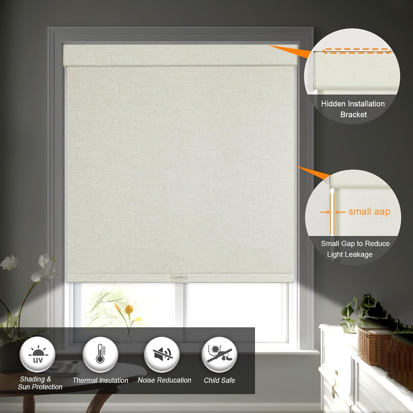 Persilux Blackout Shades for Windows Cordless Roller Blinds, Roller Windows Shades for Home with Fabric Attached Valance, UV Protections Easy Installation for Door/Office, Limestone(62" W x 56" H)