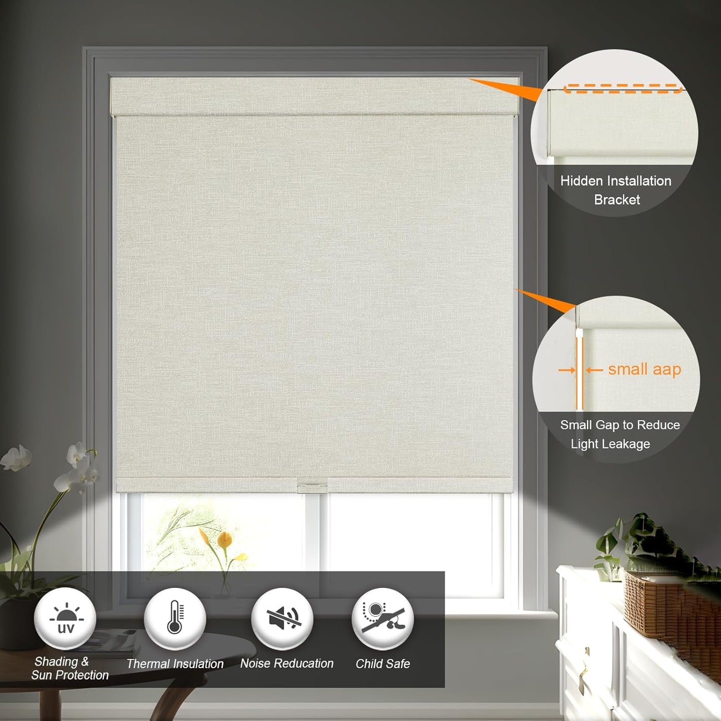 Persilux Blackout Shades for Windows Cordless Roller Blinds, Roller Windows Shades for Home with Fabric Attached Valance, UV Protections Easy Installation for Door/Office, Limestone(84" W x 56" H)