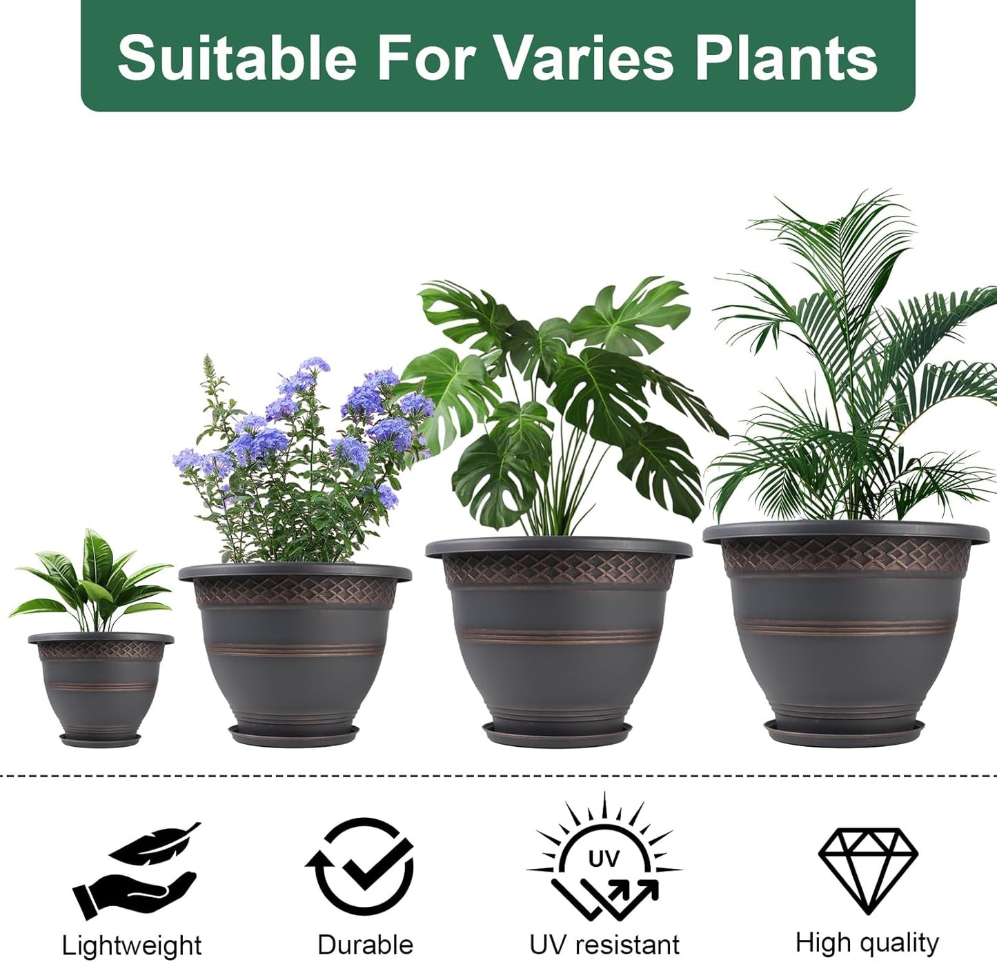 10 Inch 4 Pack Large Plant Pots, Plastic Flower Pot for Indoor & Outdoor with Drainage Holes & Saucer, Plaid Pattern Planters Garden Pots for Herbs