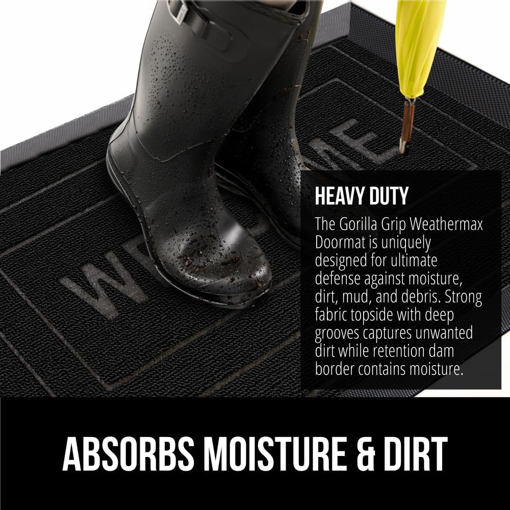 GORILLA GRIP 100% Waterproof All-Season WeatherMax Doormat 35x23, US Designed Natural Rubber, Stain and Fade Resistant, Low Profile Indoor Outdoor Door Mats, Easy Clean Patio Mat, Black Welcome