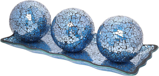 VCUTEKA Decorative Balls and Glass Bowl, 4 Inch Mosaic Sphere Balls Centerpiece Balls for Coffee Table, Home Decor, Wedding Party Decor, Blue