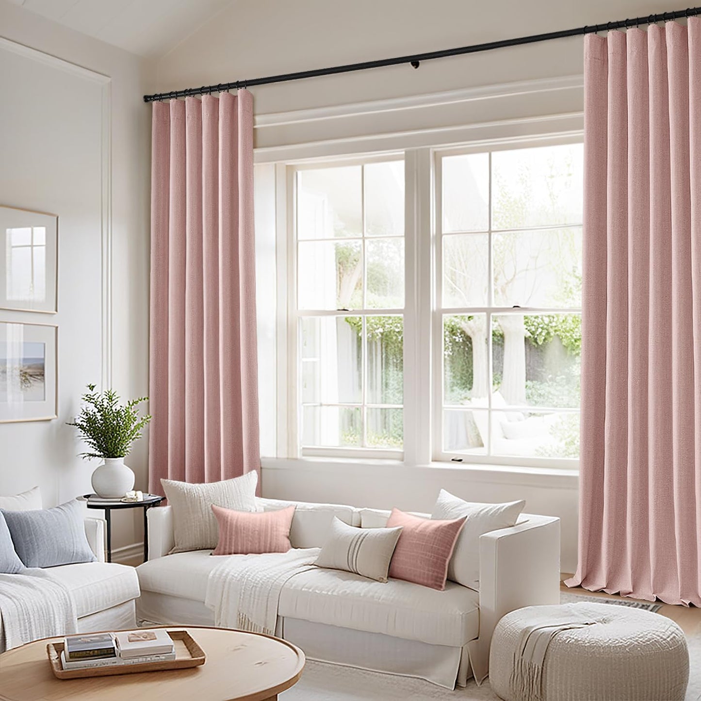 MIULEE 100% Blackout Curtains 90 Inch Long 2 Panels for Bedroom, Thick Luxury Faux Linen Black Out Curtain Room Darkening Back Tab Pleat Window Textured Drapes with Hooks for Living Room, Baby Pink