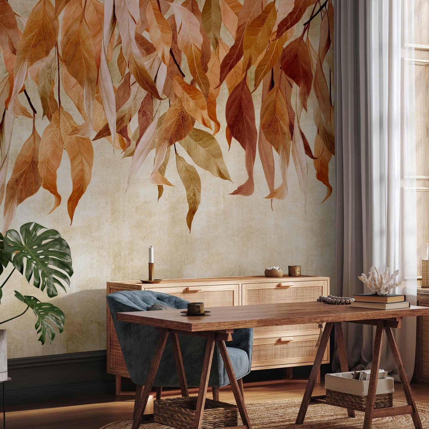 artgeist Wall Mural Hanging Leaves 138x101 in - Non-Woven Wallpaper Fleece Wall Decor Photo Print Picture Image Design Nature Botanical Concrete Orange Beige b-C-10146-a-c