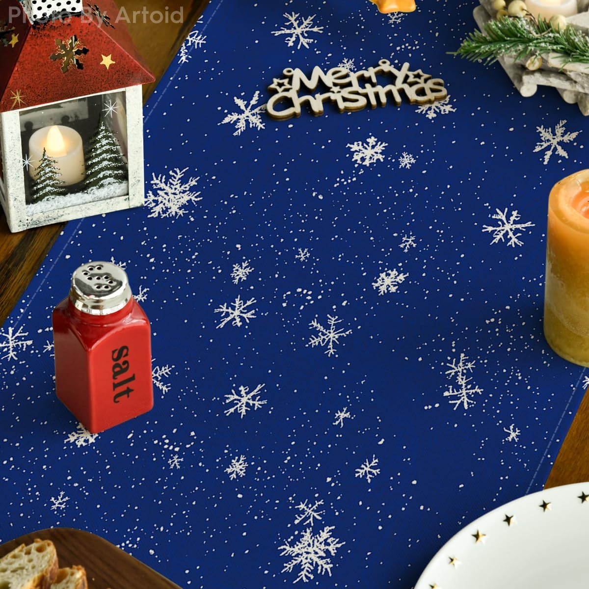 Artoid Mode Snowman Birds Trees Christmas Table Runner, Seasonal Blue Winter Holiday Kitchen Dining Table Decoration for Indoor Outdoor Home Party Decor 13 x 120 Inch