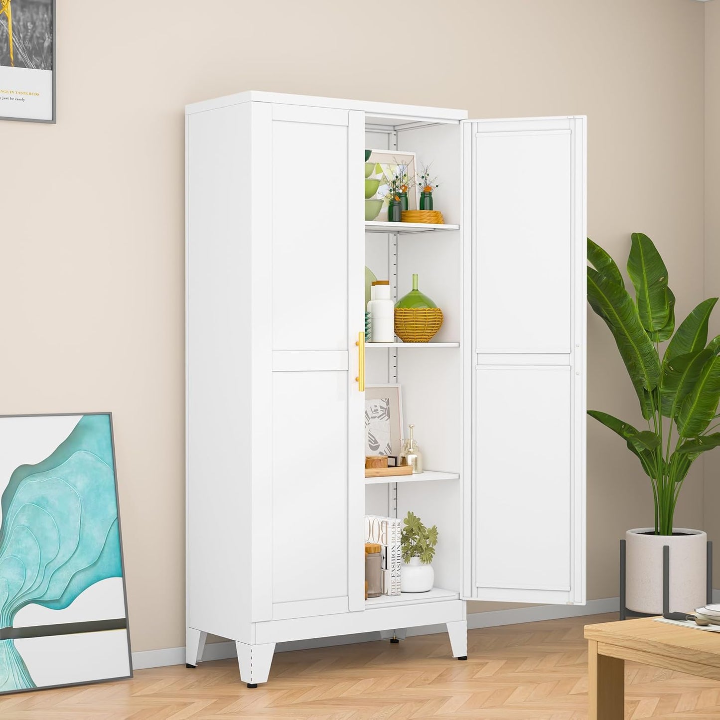 White Metal Storage Cabinet, 48" Steel Cabinets for Home Office, Kitchen Pantry Storage Cabinet with Doors and 3 Adjustable Shelves, for Office, Home, Garage, School