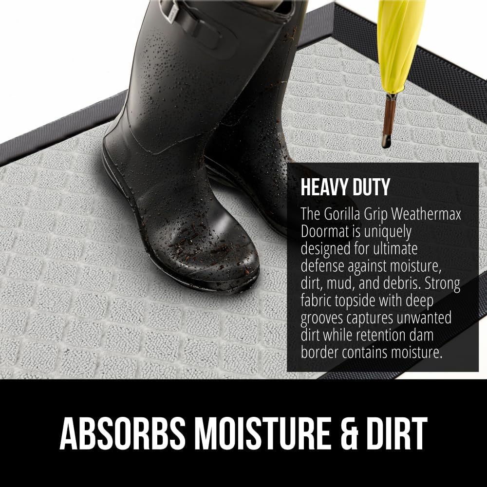 GORILLA GRIP 100% Waterproof All-Season WeatherMax Doormat US Designed Natural Rubber, Stain and Fade Resistant, Low Profile Indoor Outdoor Door Mats, Easy Clean Patio Mat, 23x35, Light Gray