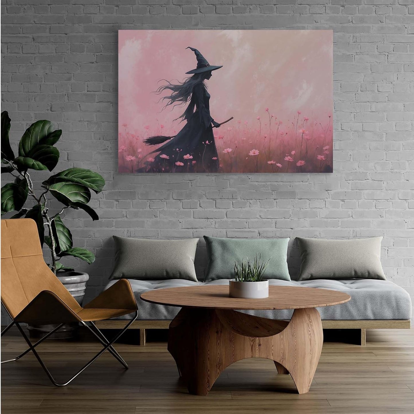 Witch in the pink sea of flowers Halloween prints weird flowers wall art silhouette painting fashionable romantic decoration suitable for bedroom12x16in Wood Framed
