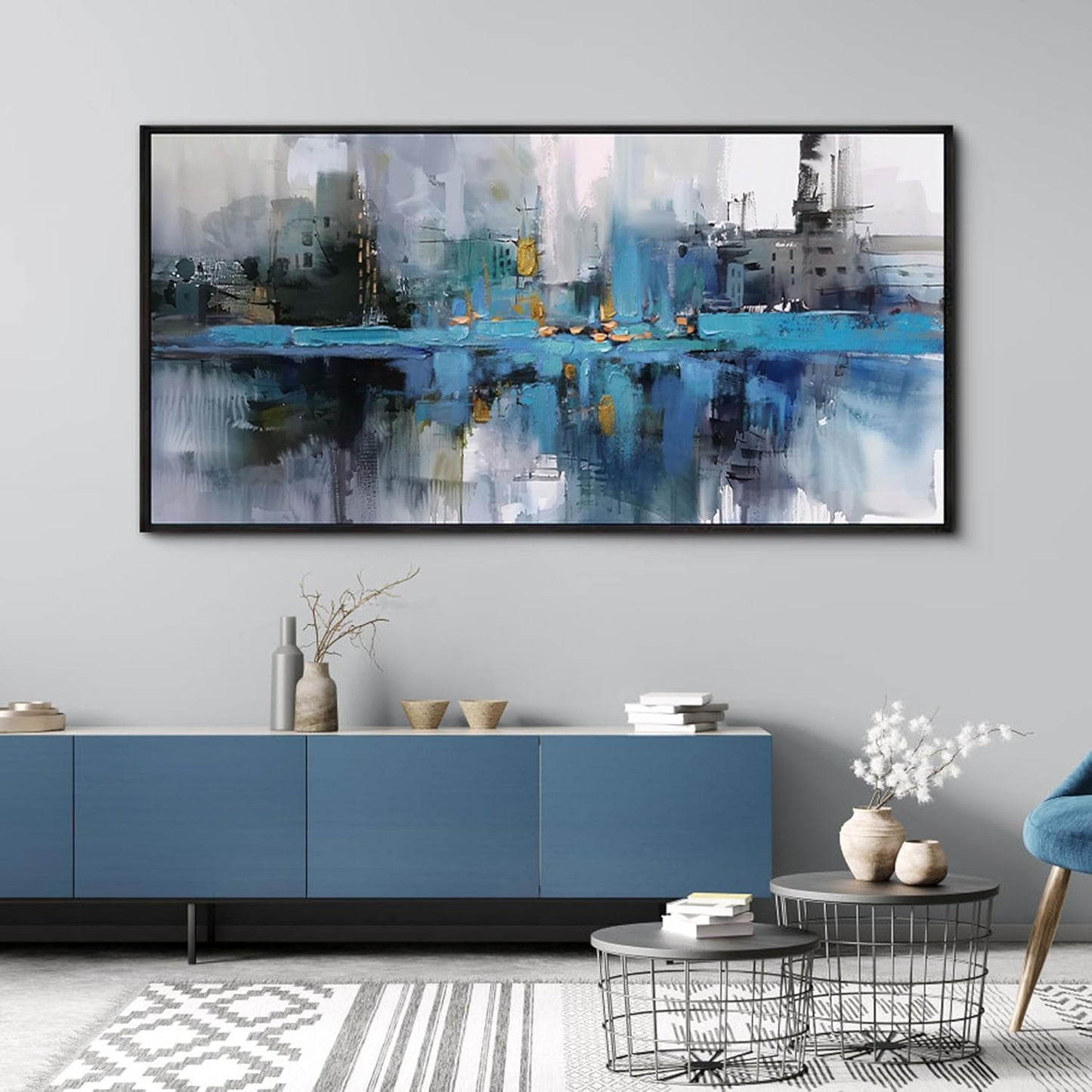 yiijeah Oversized Wall Art - Abstract Picture Large Wall Decor for Living Room Blue and White Paintings Big Frame Artwork Extra Large Canvas for Office Bedroom Home Decor