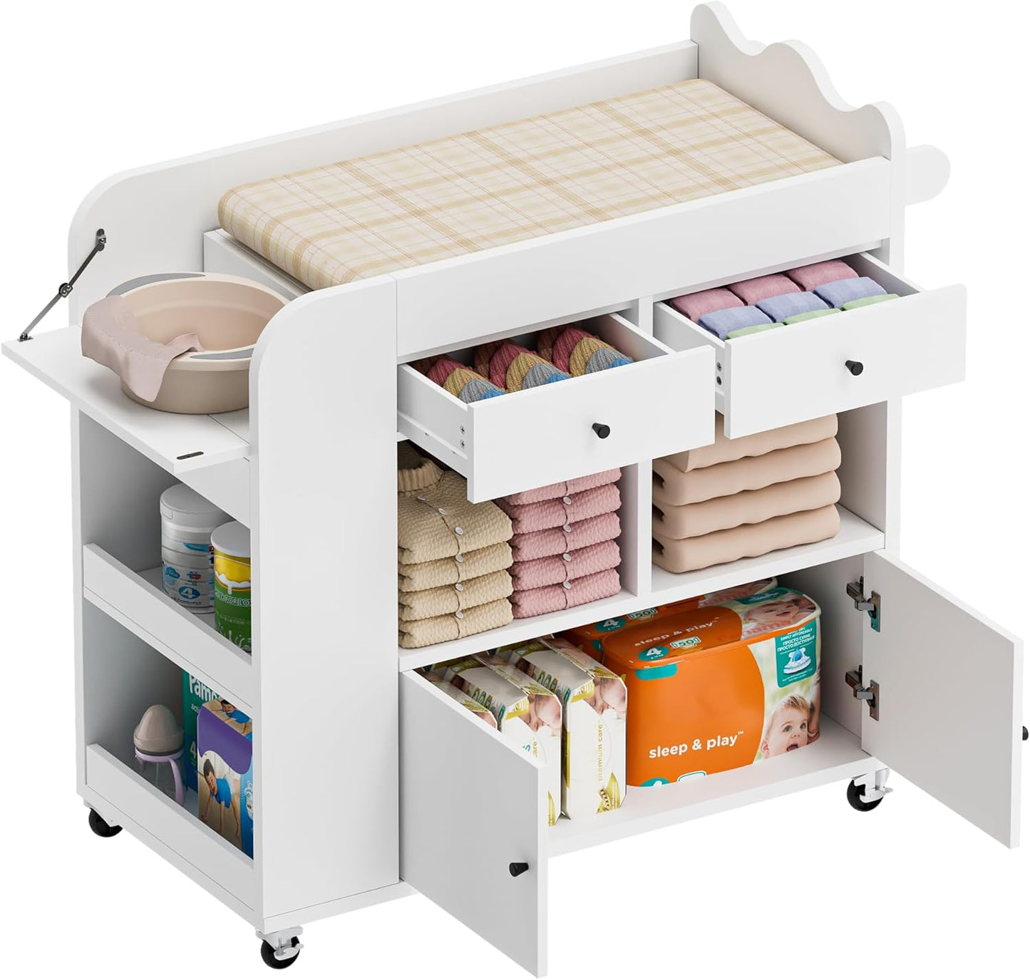 Baby Changing Table Dresser, 3 Drawers Nursery Dresser with 4 Open Cubbies, Rolling Chest of Drawers with Wheels, 43" W x 19.5" D x 40" H